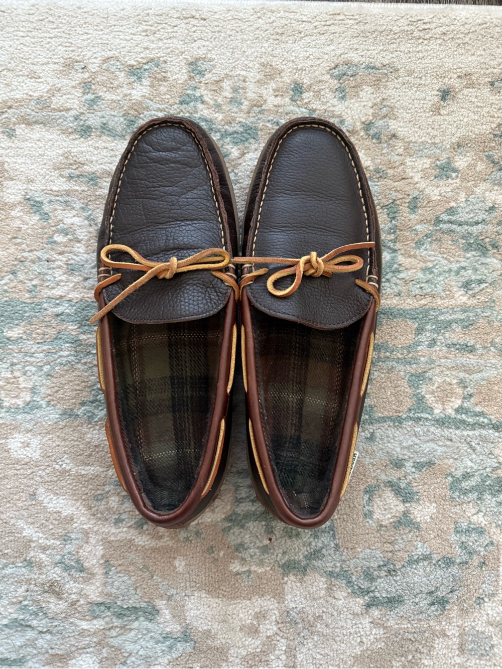 L.L.Bean Men’s 11 Handsewn Leather Moccasin Slippers Brown Flannel Lined